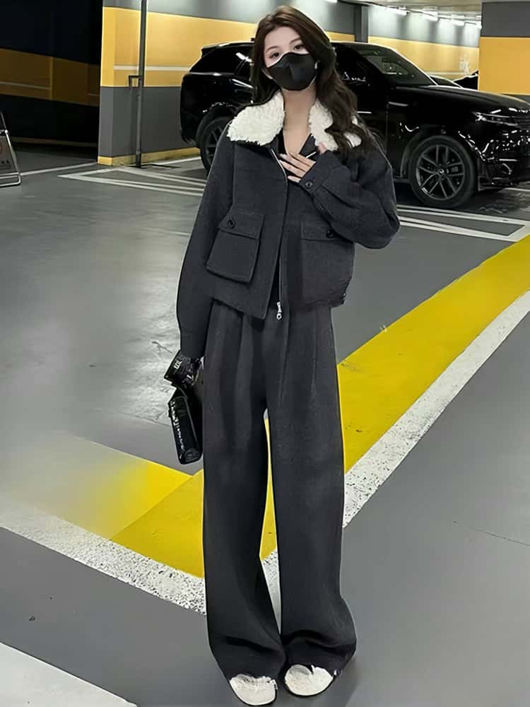 겨울 패딩 안감 터틀넥 털 숏자켓 루즈핏 와이드 팬츠 투피스 - 상세 이미지 5