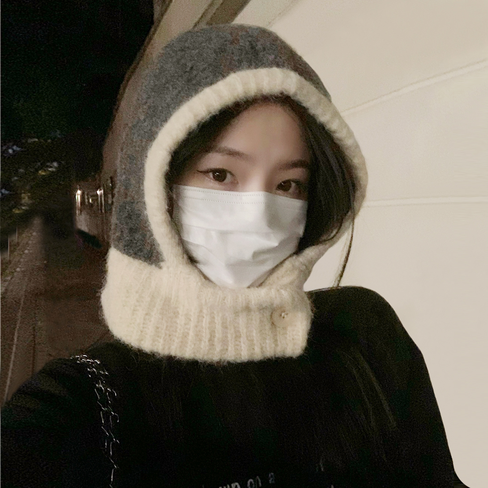 블루보넷 울 니트 바라클라바 여성 방한 발라클라바 후드 넥워머 배색 목토시 - 상품 이미지