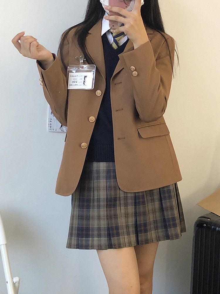 교복 자켓 코스튬 유니폼 코스프레 대학 파티 여학생 정장 촬영 갈색 파티코스튬 할로윈 여성 브라운티티 (레드 뱃지) S - 상세 이미지 4