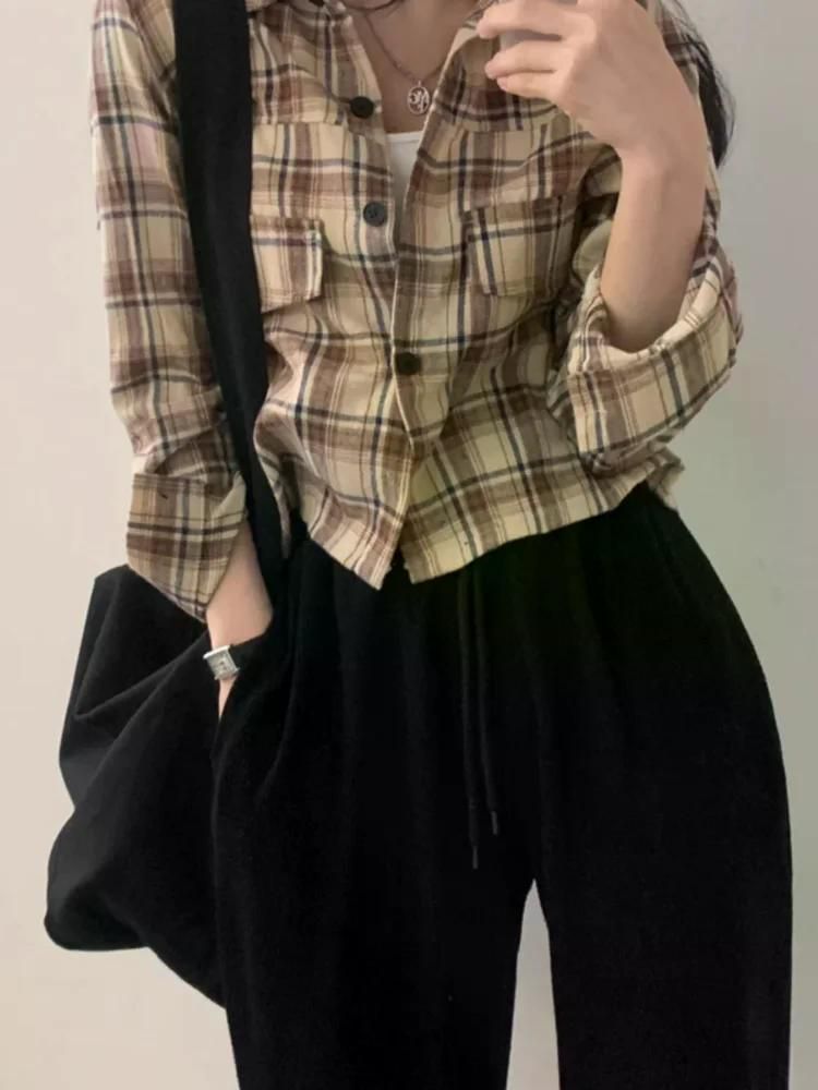 무료반품 세련된 탑 여성 빈티지 격자 무늬 셔츠 하이 엔드 긴 소매 자켓 가을 베이지 - 상세 이미지 2