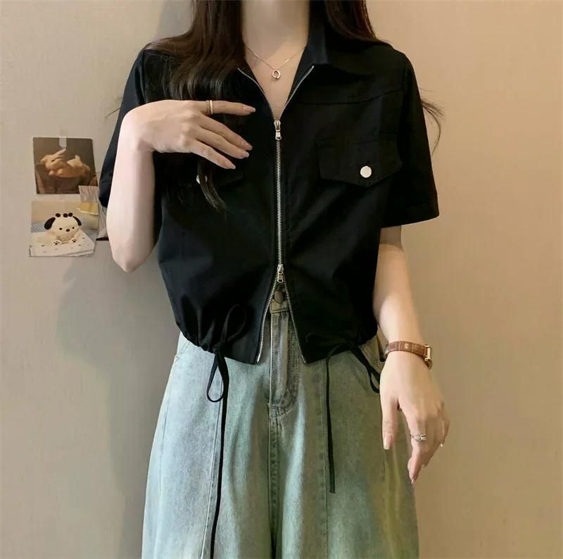 무료반품 여름 새로운 슬리밍 캐주얼 작업복 짧은 재킷 여성을위한 다목적 탑 의류 블랙 L - 상세 이미지 4