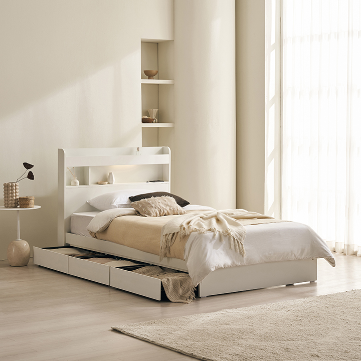 삼익가구 데이슨 LED 3단 수납 슈퍼싱글 침대 독립스프링 매트리스, 화이트