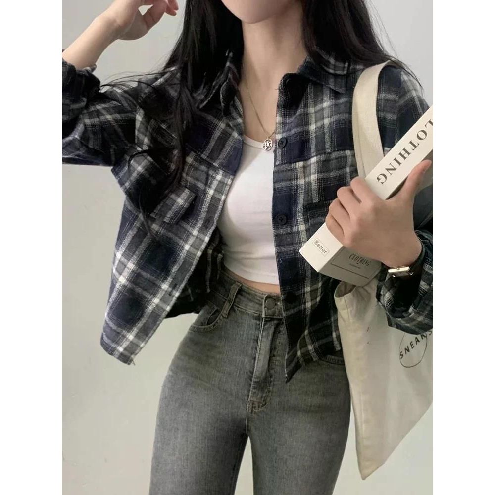 무료반품 세련된 탑 여성 빈티지 격자 무늬 셔츠 하이 엔드 긴 소매 자켓 가을 베이지