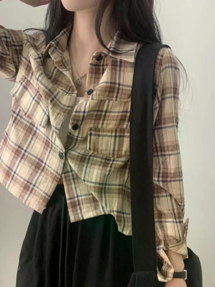 무료반품 세련된 탑 여성 빈티지 격자 무늬 셔츠 하이 엔드 긴 소매 자켓 가을 베이지 - 상세 이미지 4