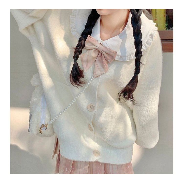 핑크 니트 스웨터 카디건 코트 여성용 작은 가을 겨울 따뜻한 긴팔 탑 봄 크림화이트(15일 후 발송) L(170cm 이상)