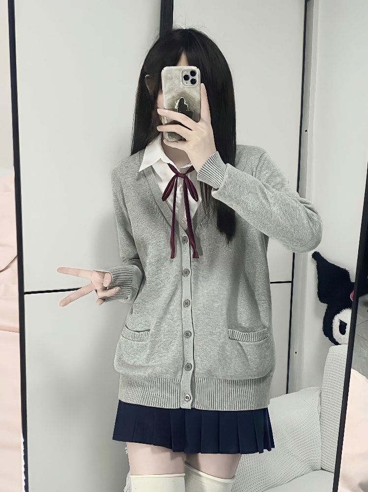 무료반품 여성용 오리지널 스웨터 카디건 자켓 초가을 대학 루즈 한 교복 짙은 회색 긴팔 니트 탑 진회색 S(39-45kg) - 상세 이미지 3
