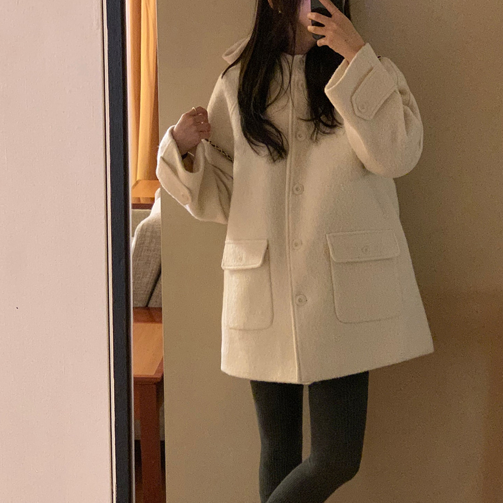 (울100%) 프라우 하프 후드 코트 (3color) A라인 포켓 부클 숏 누빔 - 상품 이미지