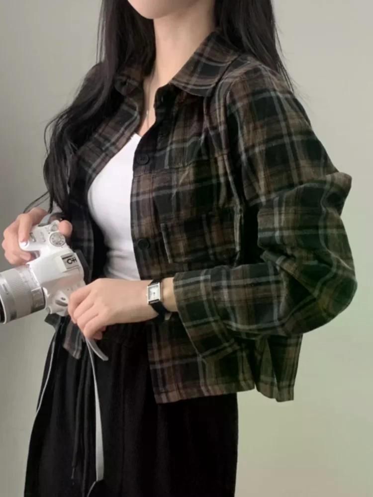 무료반품 세련된 탑 여성 빈티지 격자 무늬 셔츠 하이 엔드 긴 소매 자켓 가을 베이지 - 상세 이미지 5
