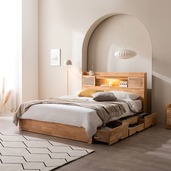 [삼익가구]앤더슨 LED 4단 수납 원목 침대(파워 본넬스프링 매트리스-퀸)