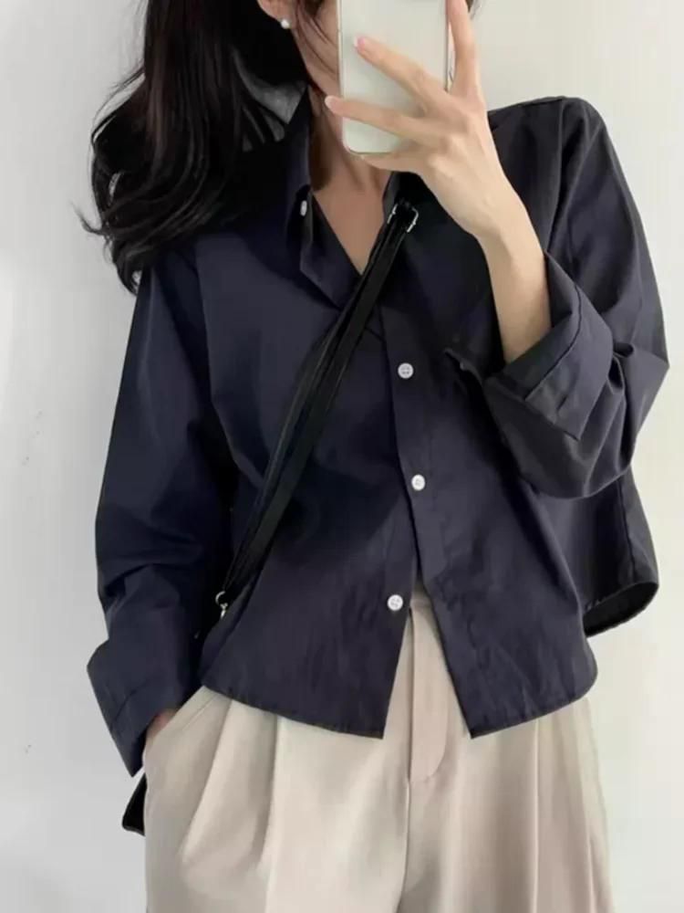 무료반품 화이트 셔츠 여성 봄 가을 디자인 감각 틈새 루즈핏 쁘띠 라펠 싱글 브레스트 크롭 긴 소매 탑 화이트 S - 상세 이미지 2