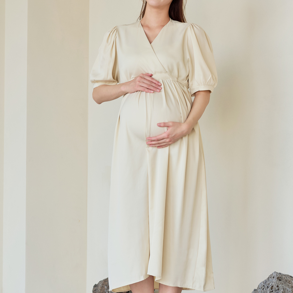 임산부 반팔 퍼프 원피스 만삭 주수 사진 촬영 키작녀 키큰 하객룩 임부복 이미지 6