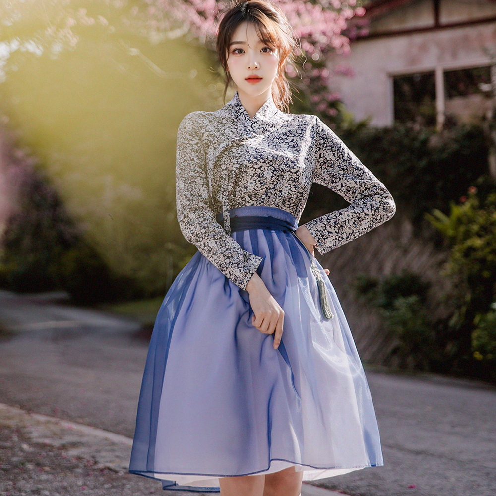 다참 네이비 쉬폰 허리치마 생활한복 개량 계량 퓨전 반티