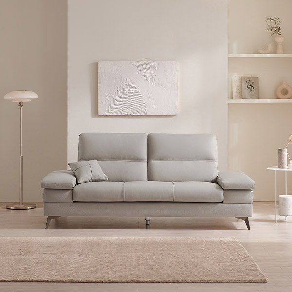 삼익가구 사이먼 통가죽 천연면피 소파 스툴미포함, 라이트그레이, 3인용