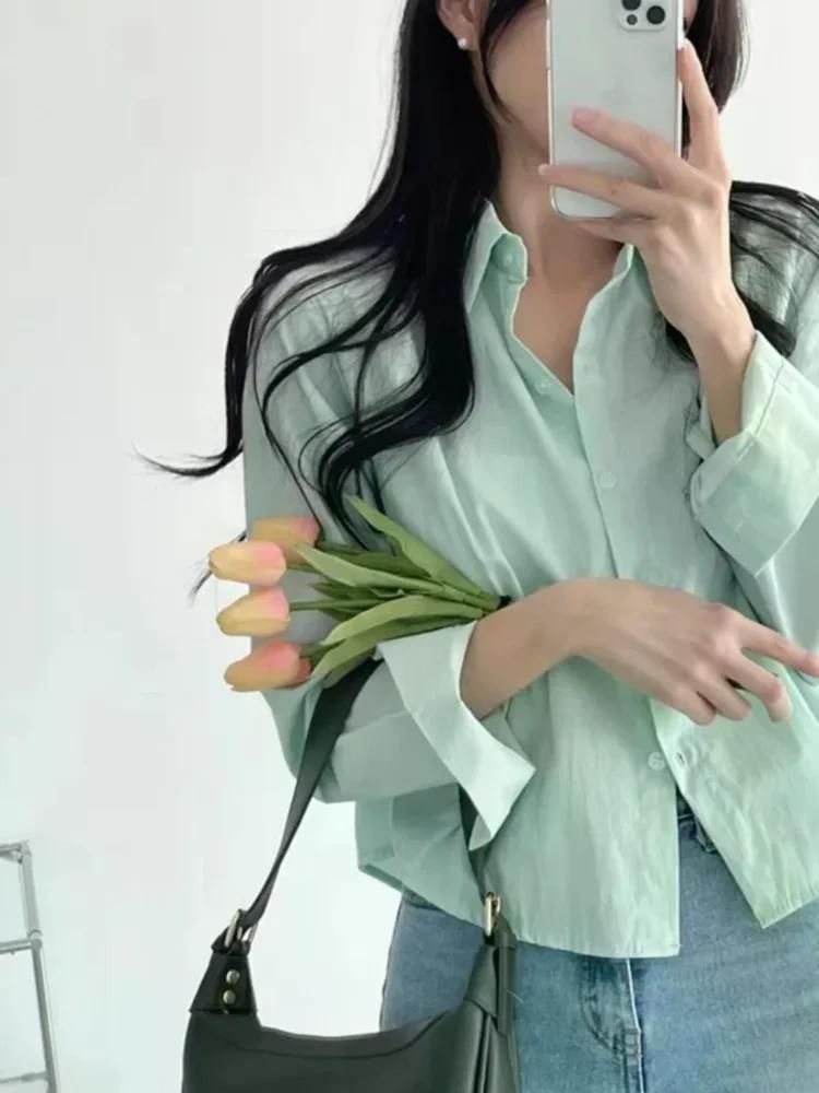 무료반품 화이트 셔츠 여성 봄 가을 디자인 감각 틈새 루즈핏 쁘띠 라펠 싱글 브레스트 크롭 긴 소매 탑 화이트 S - 상세 이미지 3