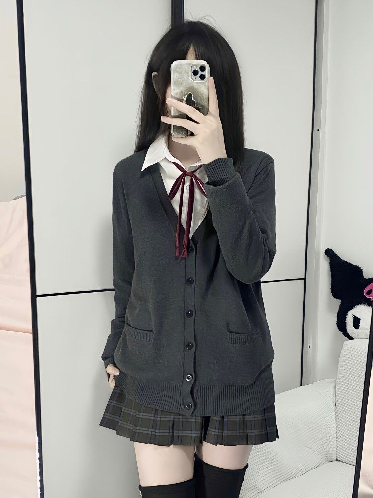 무료반품 여성용 오리지널 스웨터 카디건 자켓 초가을 대학 루즈 한 교복 짙은 회색 긴팔 니트 탑 진회색 S(39-45kg) - 상세 이미지 2