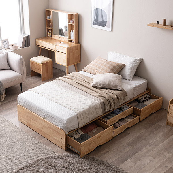 [삼익가구]포텐 헤드리스 4단 수납 원목 침대(YS 양모 라텍스 7존 독립스프링 매트리스-슈퍼싱글)