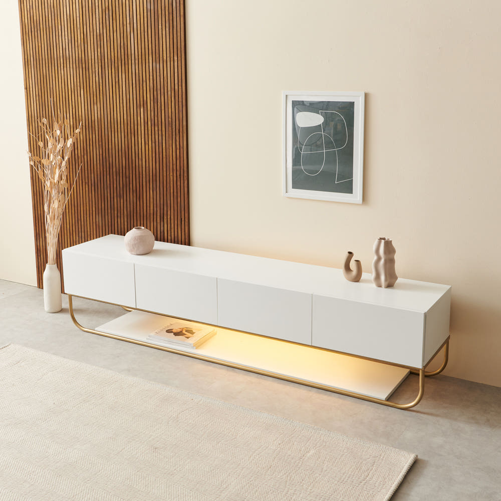 보니애가구 거실장 마리 화이트 TV 티비 다이 LED 조명 서랍장 티비장 2000