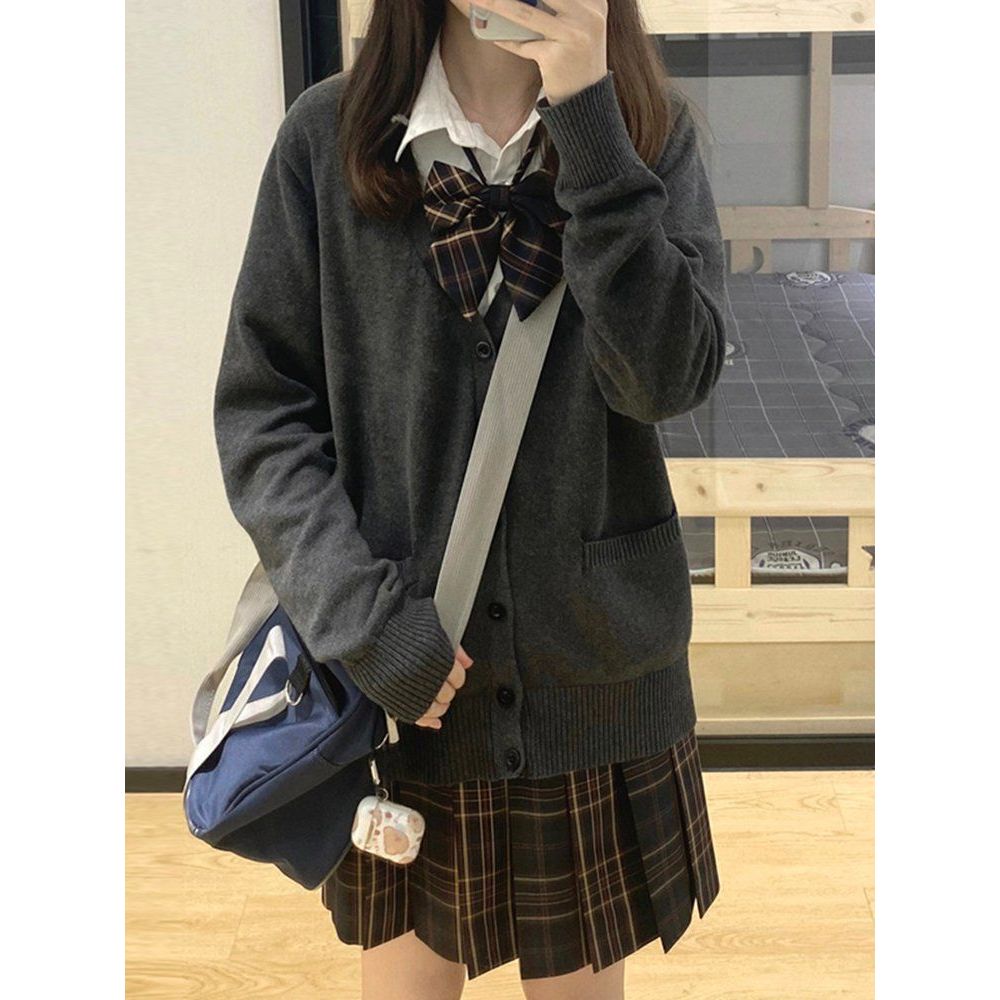 무료반품 여성용 오리지널 스웨터 카디건 자켓 초가을 대학 루즈 한 교복 짙은 회색 긴팔 니트 탑 진회색 S(39-45kg) - 상품 이미지