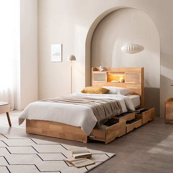 [삼익가구]앤더슨 LED 4단 수납 원목 침대(파워 본넬스프링 매트리스-슈퍼싱글)