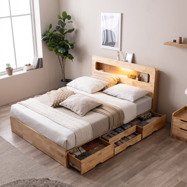 [삼익가구]포텐 LED 4단 수납 원목 침대(YS 양모 라텍스 7존 독립스프링 매트리스-퀸)