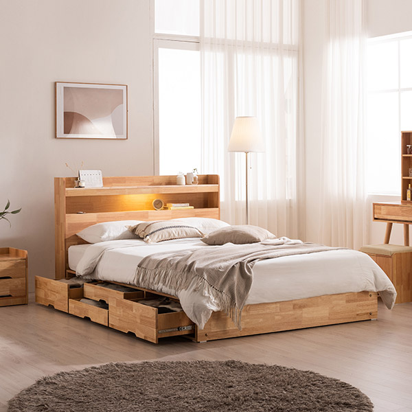 [삼익가구]태리 LED 4단 수납 원목 침대(매트제외-퀸)