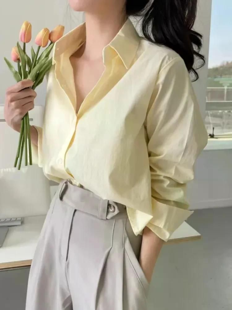 무료반품 화이트 셔츠 여성 봄 가을 디자인 감각 틈새 루즈핏 쁘띠 라펠 싱글 브레스트 크롭 긴 소매 탑 화이트 S - 상세 이미지 4