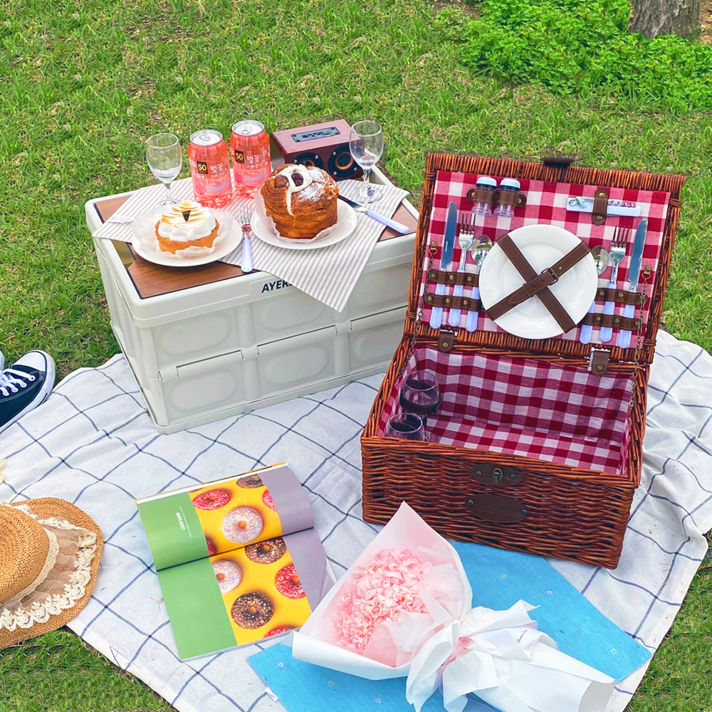 룰루랄라 사각 라탄바구니 플라스틱세트 피크닉바스켓 소품 소풍바구니 간식바구니