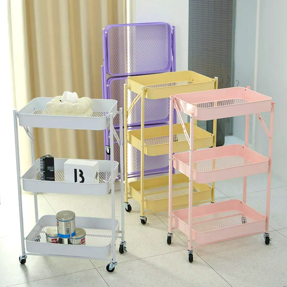조립없이 바로쓰는 비아베네또 접이식 3단 이동식 트롤리 선반 틈새 수납 철제 고정 바퀴