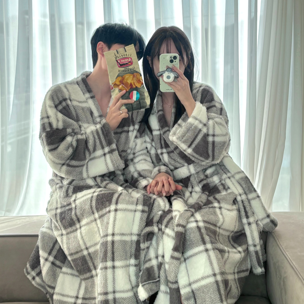 극세사로브 수면 가운 커플 남자 샤워 그레이 체크 목욕 잠옷 - 상세 이미지 3