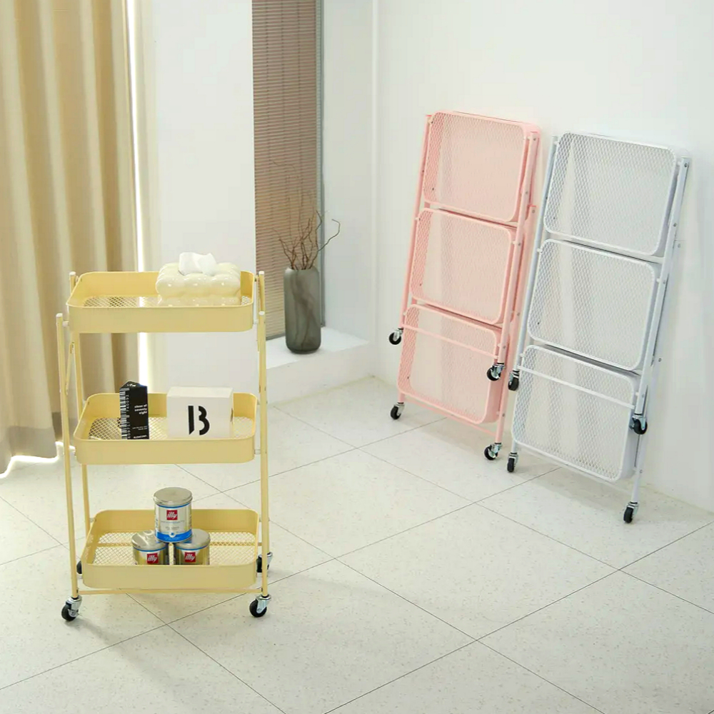 조립없이 바로쓰는 비아베네또 접이식 3단 이동식 트롤리 선반 틈새 수납 철제 고정 바퀴