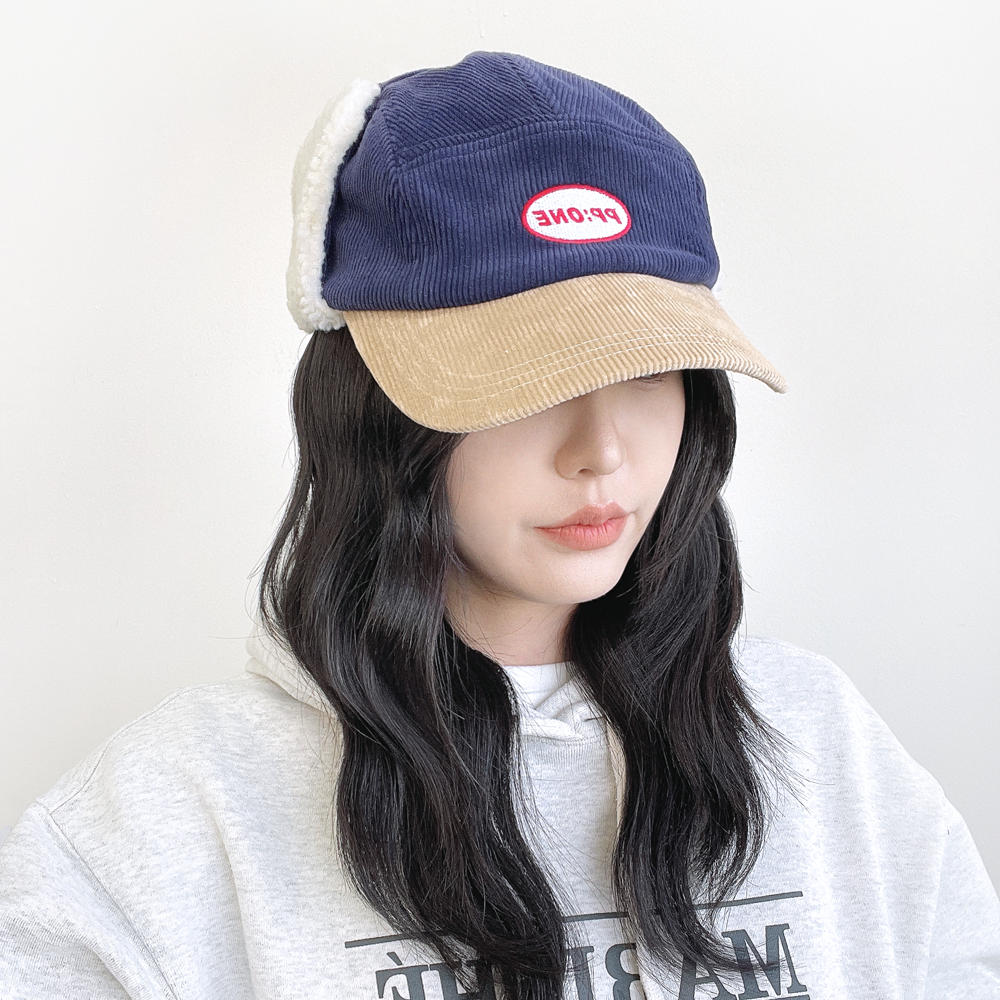 블록 코듀로이 뽀글이양털 여성 겨울 방한 귀마개 귀도리 군밤 귀달이모자 - 상세 이미지 2