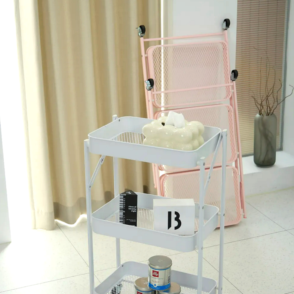 조립없이 바로쓰는 비아베네또 접이식 3단 이동식 트롤리 선반 틈새 수납 철제 고정 바퀴