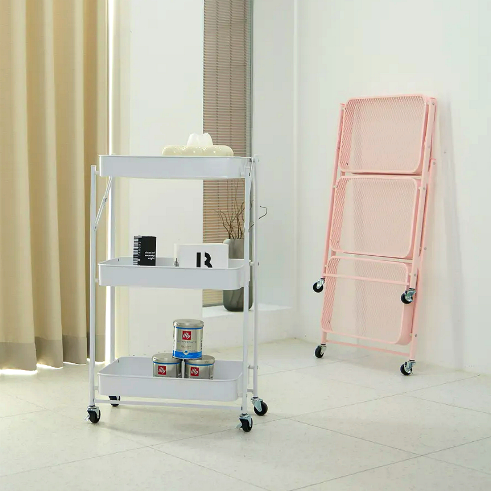 조립없이 바로쓰는 비아베네또 접이식 3단 이동식 트롤리 선반 틈새 수납 철제 고정 바퀴