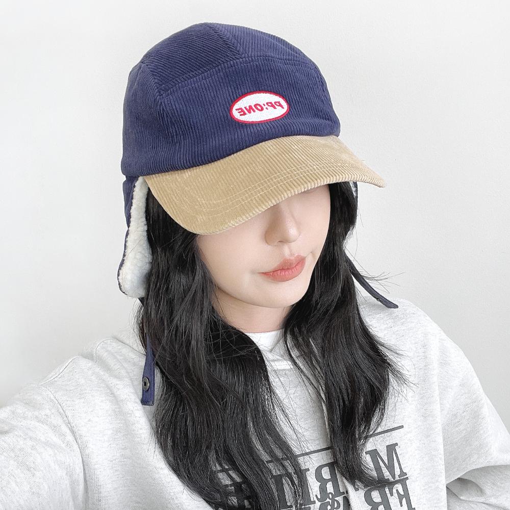 블록 코듀로이 뽀글이양털 여성 겨울 방한 귀마개 귀도리 군밤 귀달이모자 - 상세 이미지 3