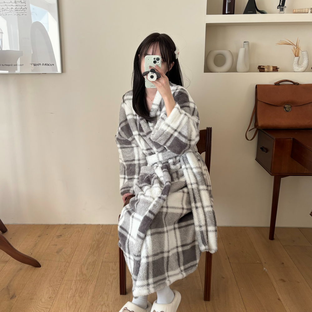 극세사로브 수면 가운 커플 남자 샤워 그레이 체크 목욕 잠옷 - 상세 이미지 5