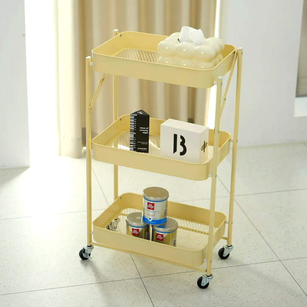 조립없이 바로쓰는 비아베네또 접이식 3단 이동식 트롤리 선반 틈새 수납 철제 고정 바퀴
