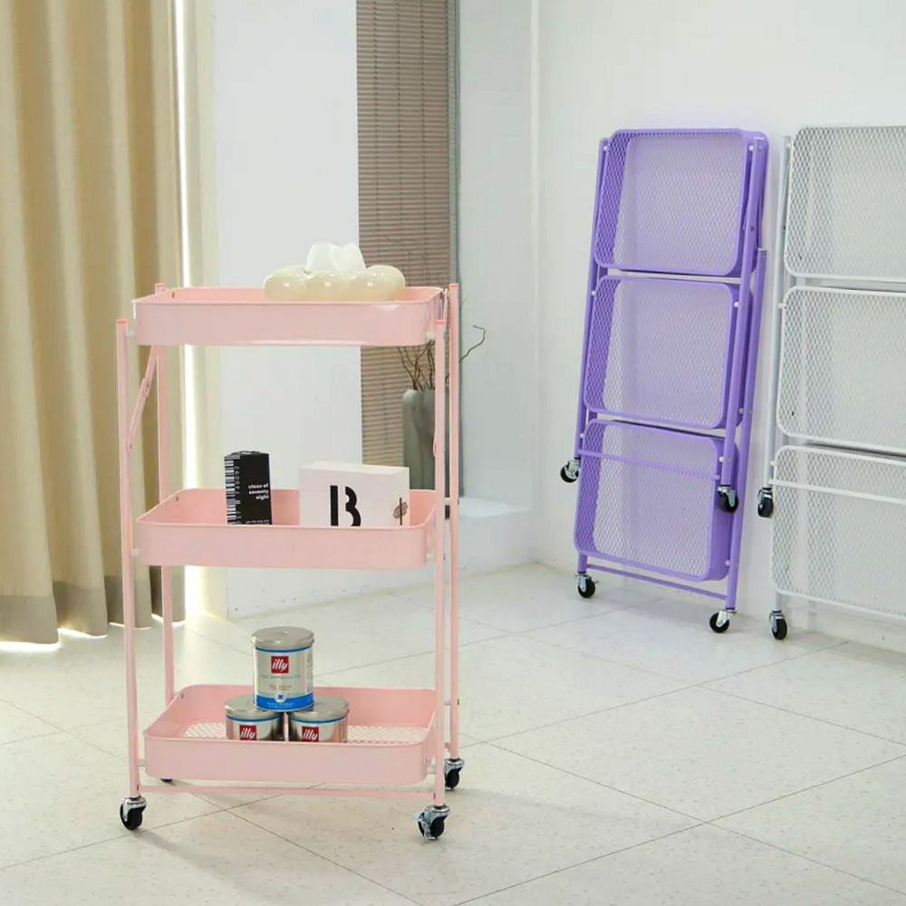 조립없이 바로쓰는 비아베네또 접이식 3단 이동식 트롤리 선반 틈새 수납 철제 고정 바퀴
