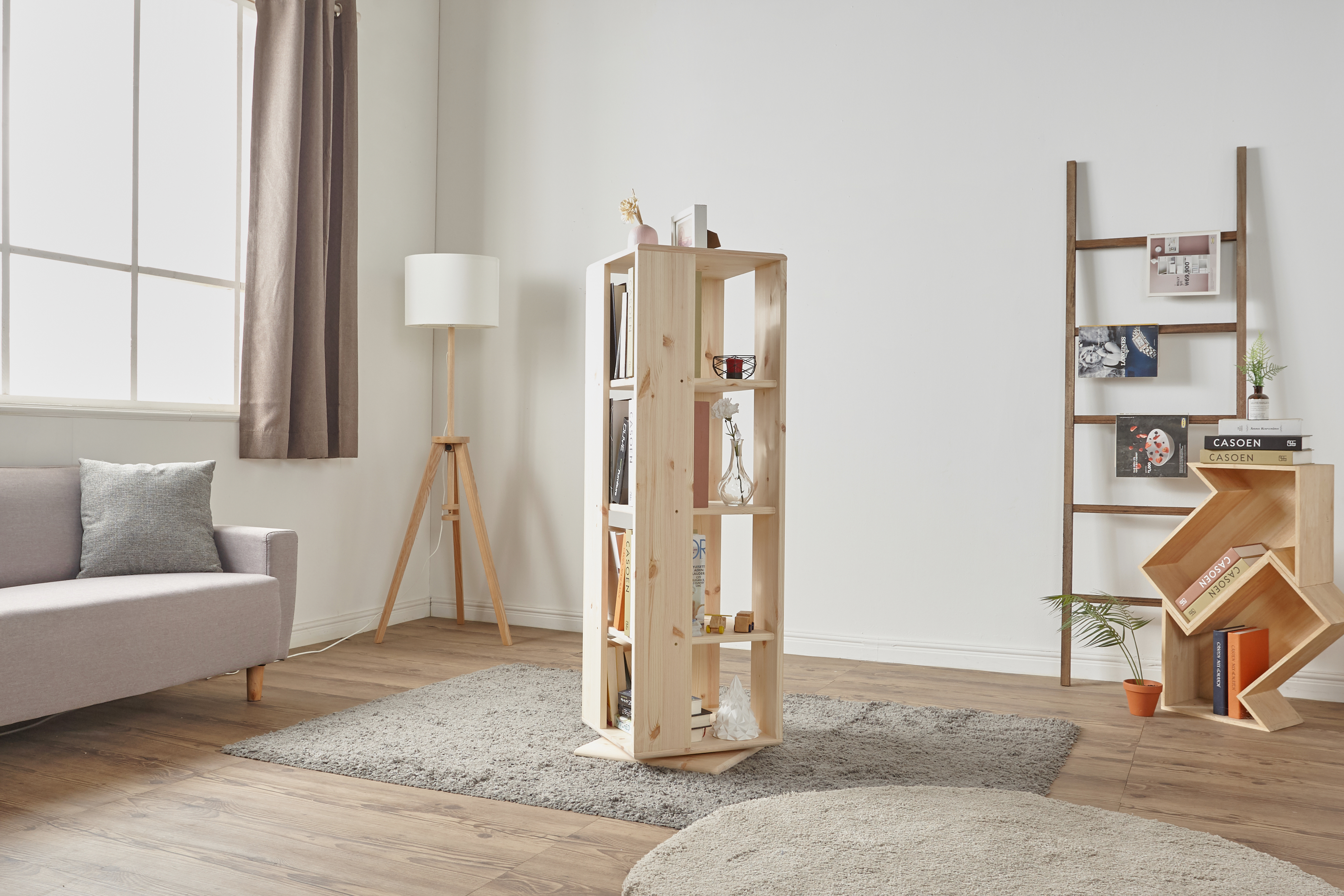 회전책꽂이 회전형책장 회전식 원형 만화책 400x400x1640mm, 5단, 레드파인원목