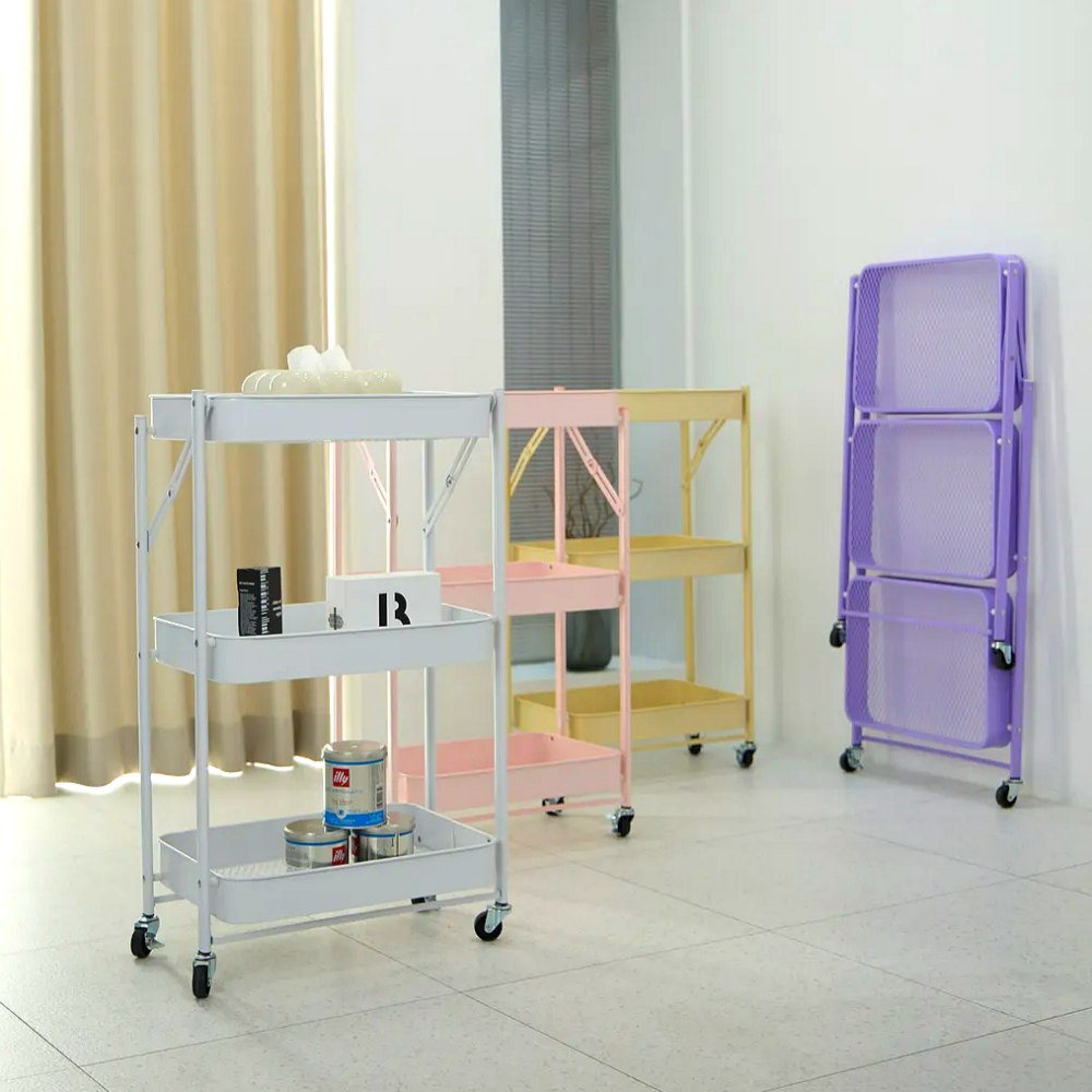 조립없이 바로쓰는 비아베네또 접이식 3단 이동식 트롤리 선반 틈새 수납 철제 고정 바퀴