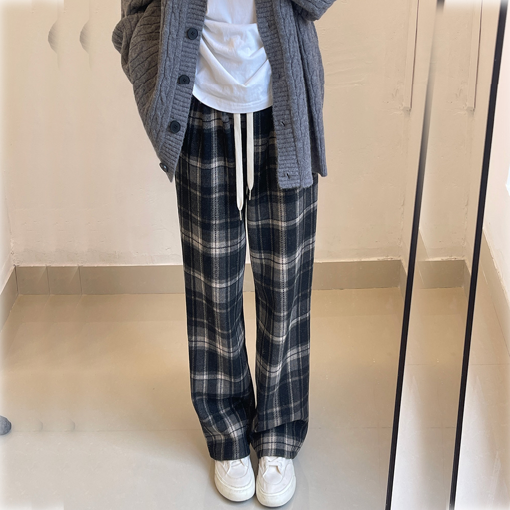 기모 체크무늬 바지 여성 겨울 하이웨스트 밴딩 일자 와이드팬츠 - 상품 이미지