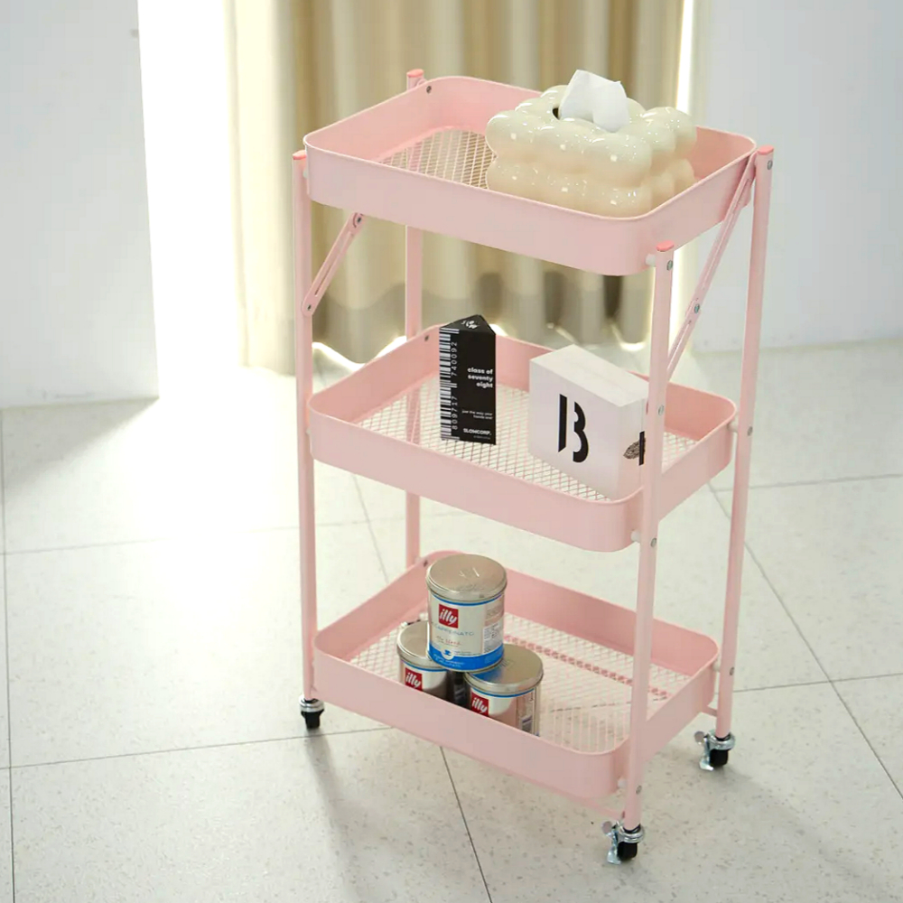 조립없이 바로쓰는 비아베네또 접이식 3단 이동식 트롤리 선반 틈새 수납 철제 고정 바퀴