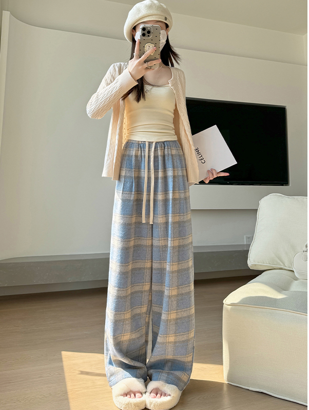 체크무늬 여성 겨울 오버핏 일자 기모 바지 캐주얼 털 스판 밴딩 와이드 팬츠 - 상세 이미지 2
