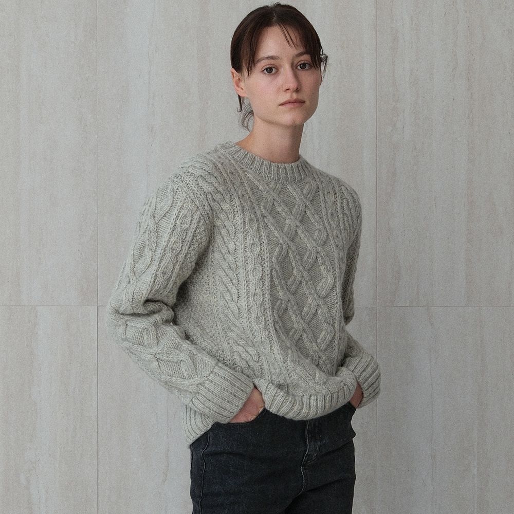shaggy hair aran knit (light grey) - 상품 이미지
