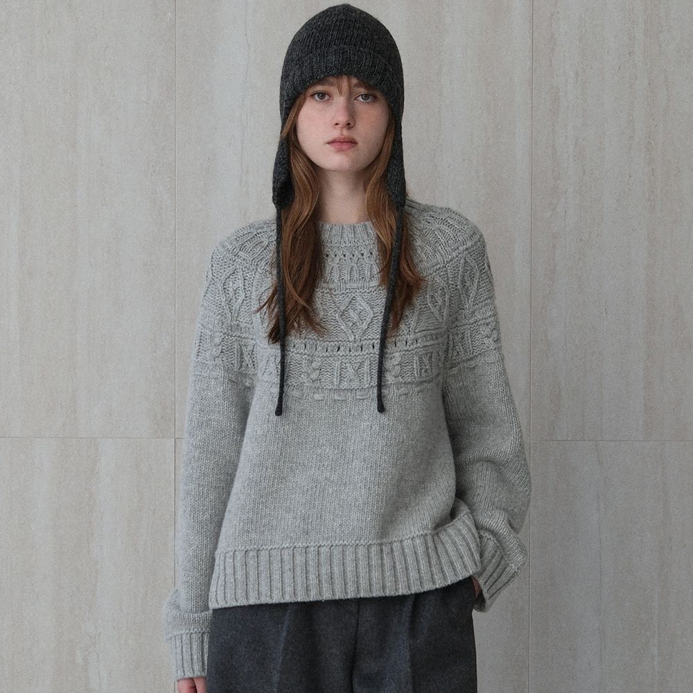 soft wool yoke cable sweater (grey) - 상품 이미지