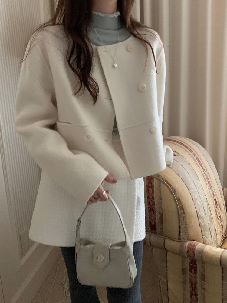 오버핏 노카라 더블 하프 코트 울 핸드메이드코트 숏 반코트 여자 겨울코트 아이보리 그레이 - 메인 이미지