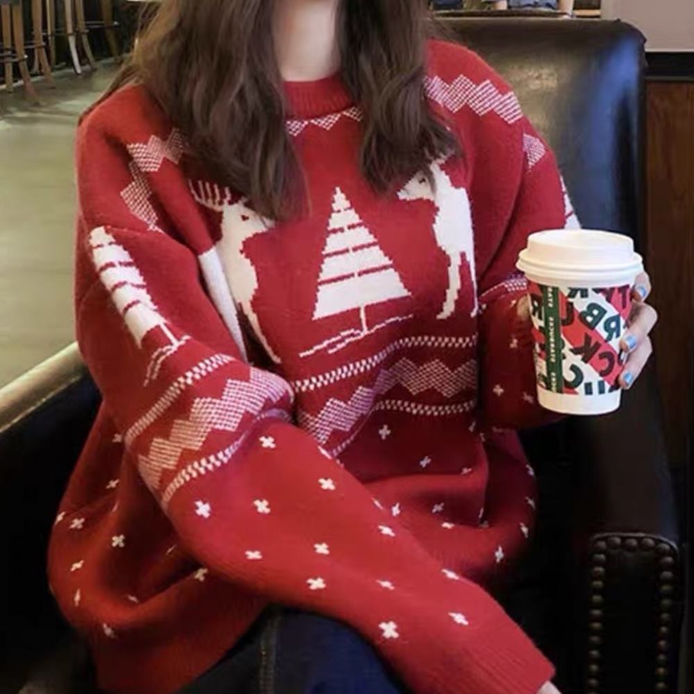 크리스마스 노르딕 사슴 눈꽃 니트 드레스코드 연말 레드 룩