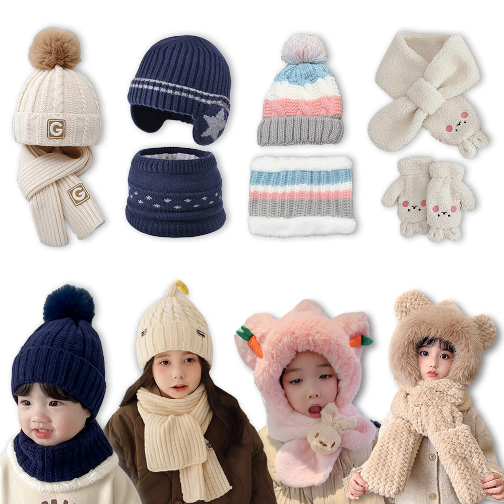 유아 키즈 아동 초등 학생 여아 남아 어린이 주니어 털 겨울 목도리 모자 넥 워머 세트 - 상품 이미지