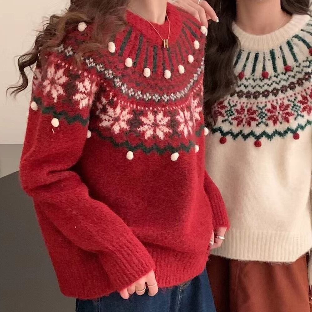 크리스마스 노르딕 자가드 방울 니트 드레스코드 연말 레드 룩