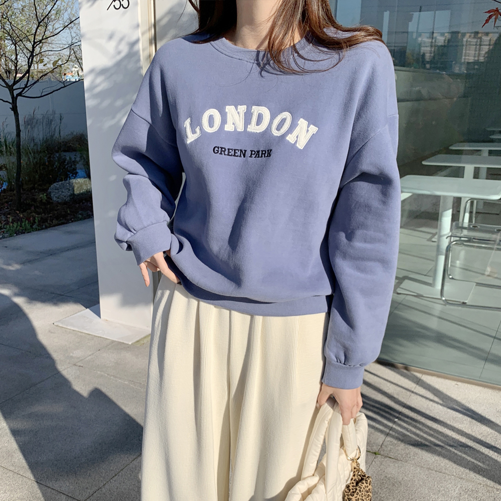 양기모 오버핏 런던 레터링 자수 여자 기모 맨투맨 겨울 여성 맨투맨 티셔츠 박스티