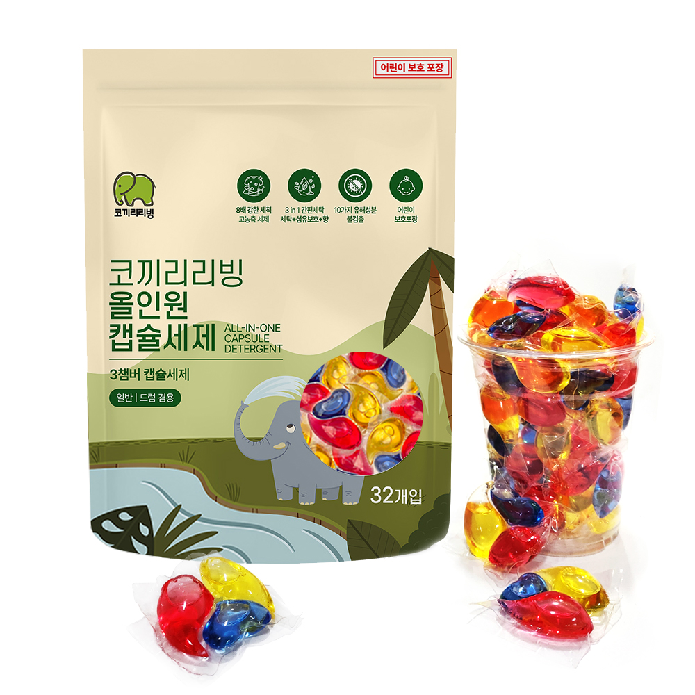 코끼리리빙 올인원 고농축 캡슐세제 3in1 장미향 12g 32개입 일반/드럼 겸용